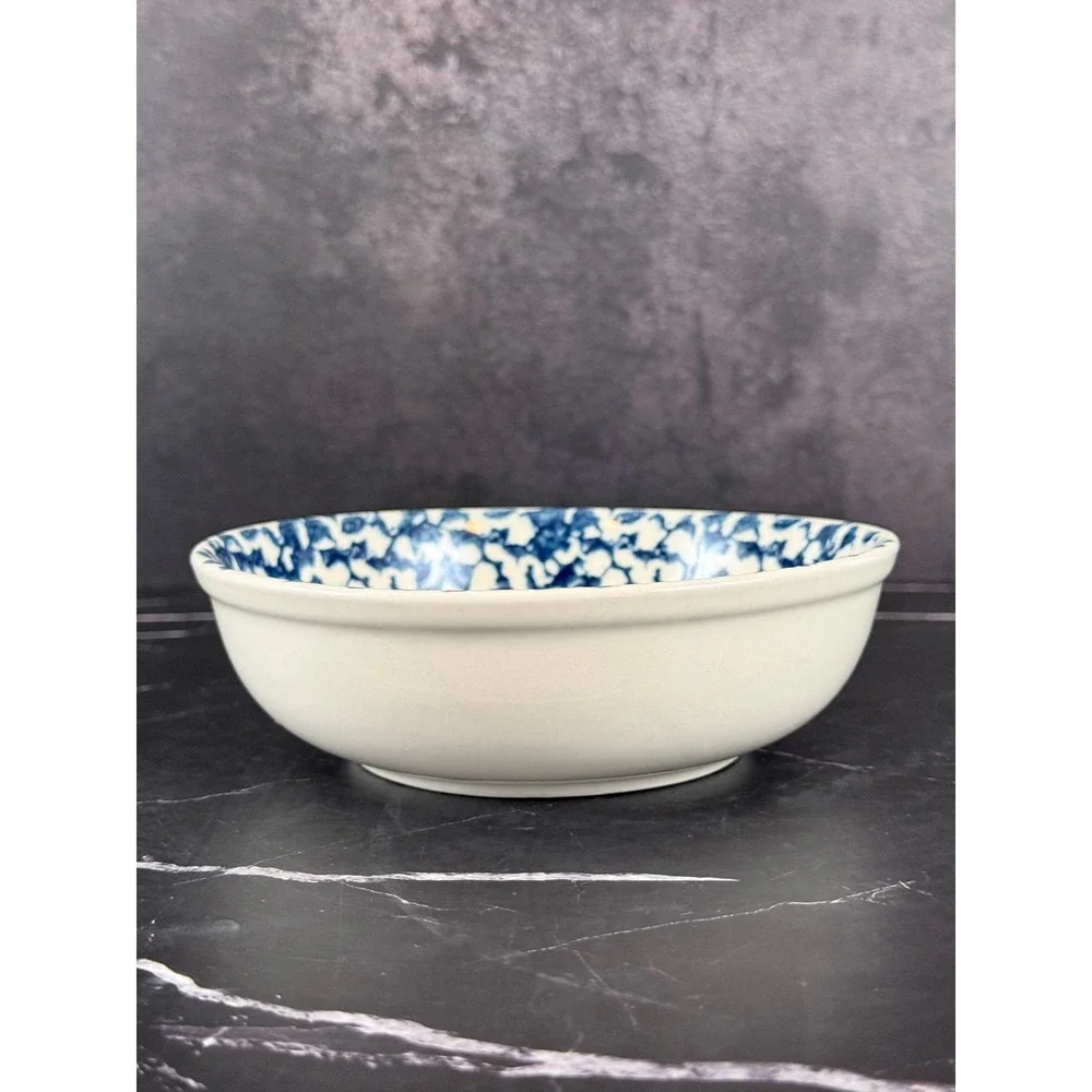 VTG Tienshen Folk Craft Hearts Blue White Spongeware 6.5in Cereal Bowl READ